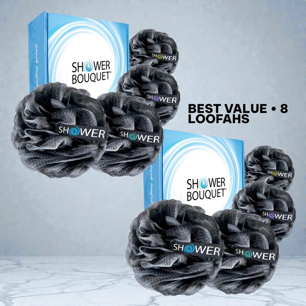 Shower Bouquet XL Charcoal Loofah Set (8 Pack) | Mesh Sponge Wholesale Bundle